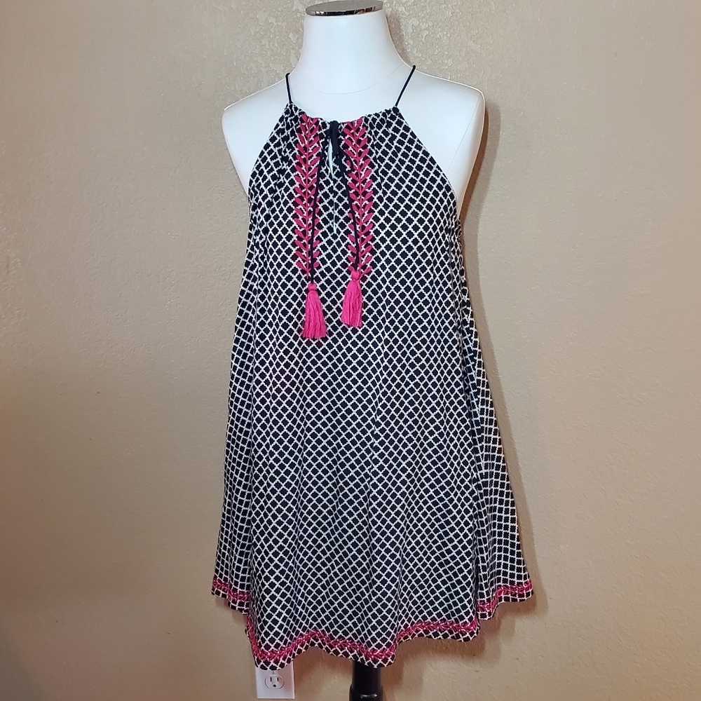 THML Black and White Halter Mini Dress w/ Pink Embroidered Accents Size M